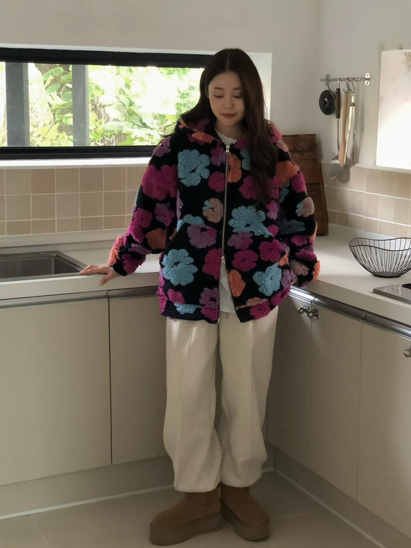 ONDO-P韓國代購㊣女士新品休閑職業時尚人氣25秋冬夾克花朵連帽ONDO-P夾克