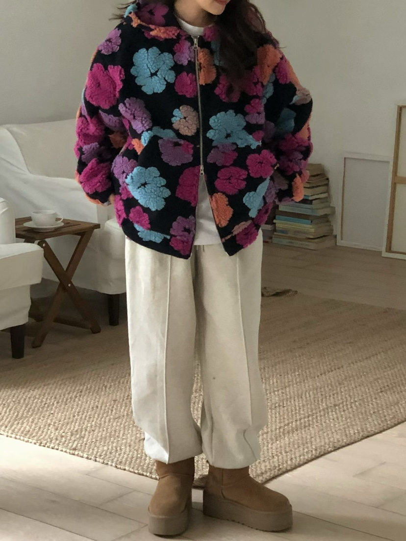 ONDO-P韓國代購㊣女士新品休閑職業時尚人氣25秋冬夾克花朵連帽ONDO-P夾克