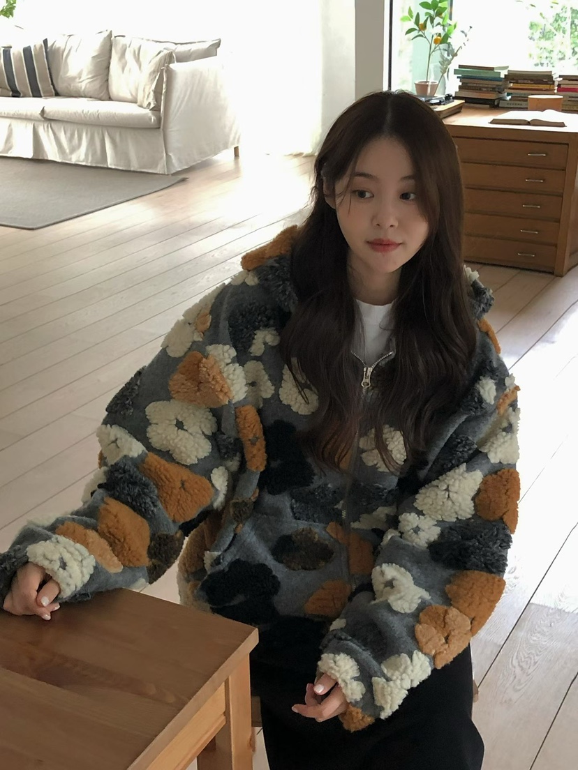 ONDO-P韓國代購㊣女士新品休閑職業時尚人氣25秋冬夾克花朵連帽ONDO-P夾克圖色2