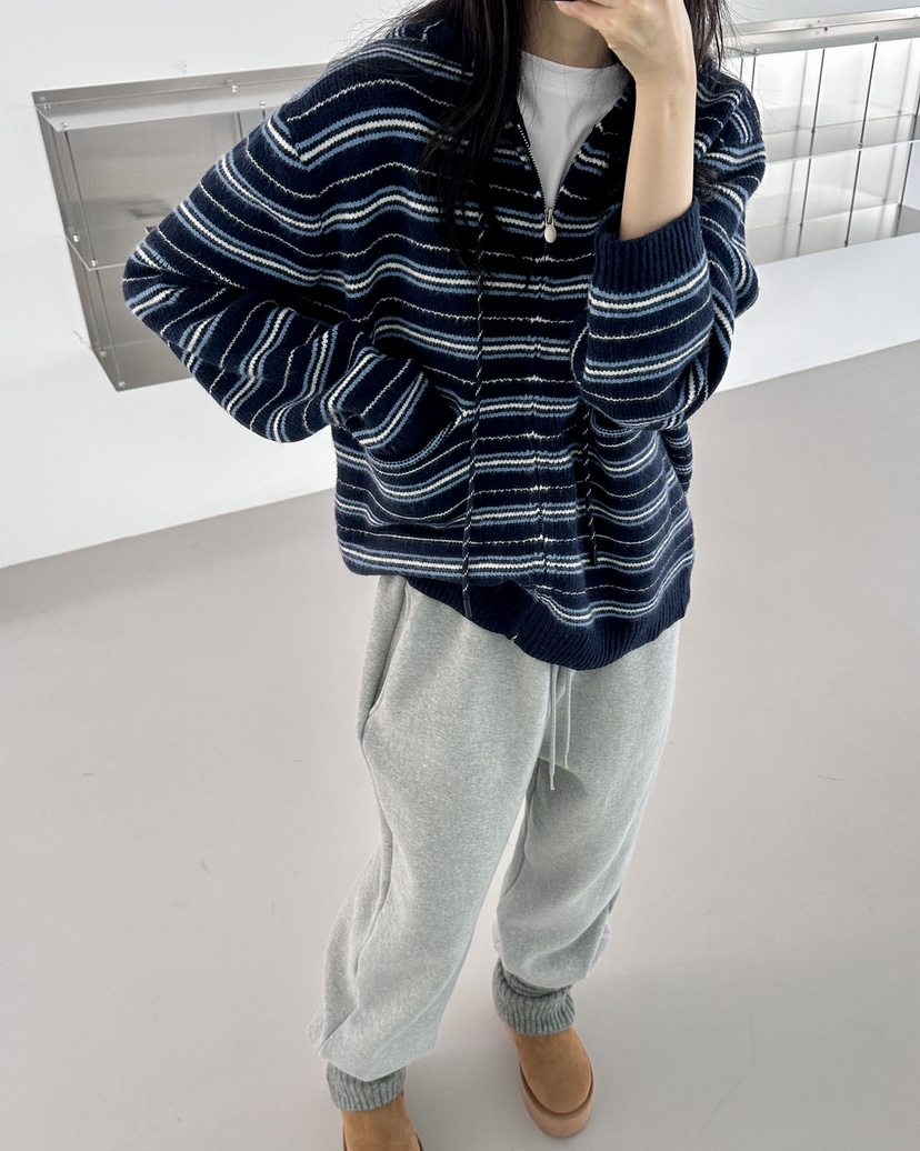 HOWDY東大門㊣代購女裝新品職業休閑推薦針織衫連帽拉鏈衫海軍howdy針織衫