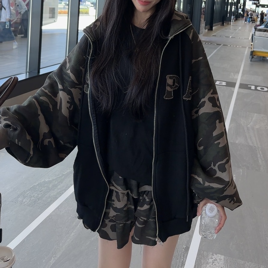 PALETTE-Q東大門㊣實拍女裝新品熱賣人氣夾克連帽拉鏈衫迷彩PALETTE夾克