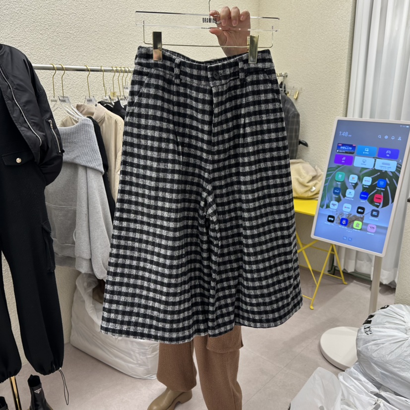 DRAWING韓國代購㊣女士新品真品人氣25秋冬時尚休閑褲抓絨格子DRAWING休閑褲圖色1