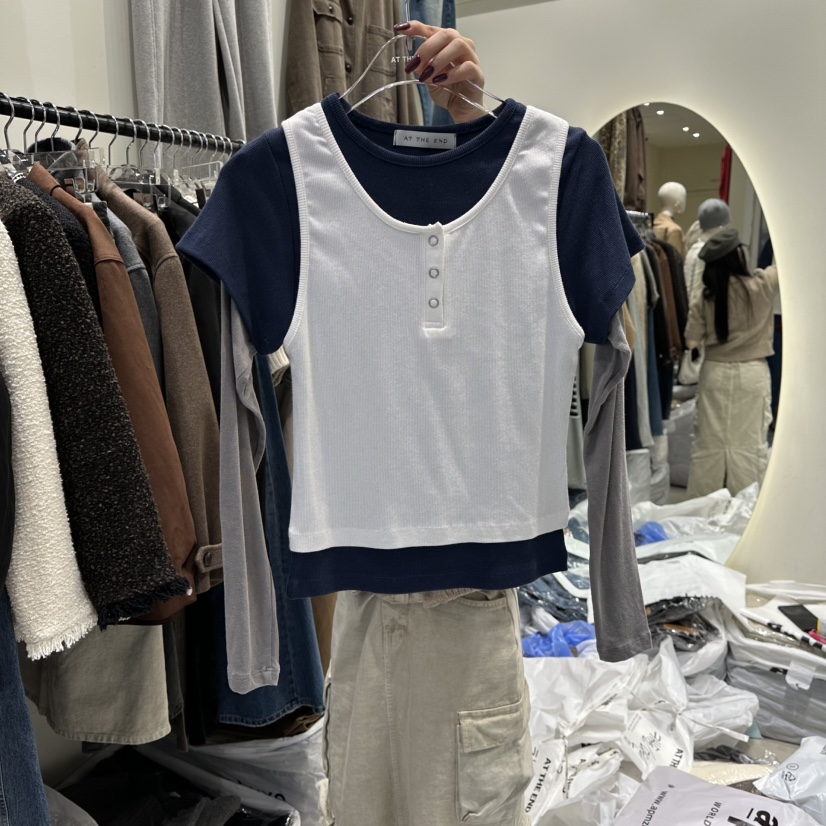 AT THE END東大門㊣直郵女士新品真品人氣25秋冬長袖T恤假兩件AT THE END長袖T恤圖色1