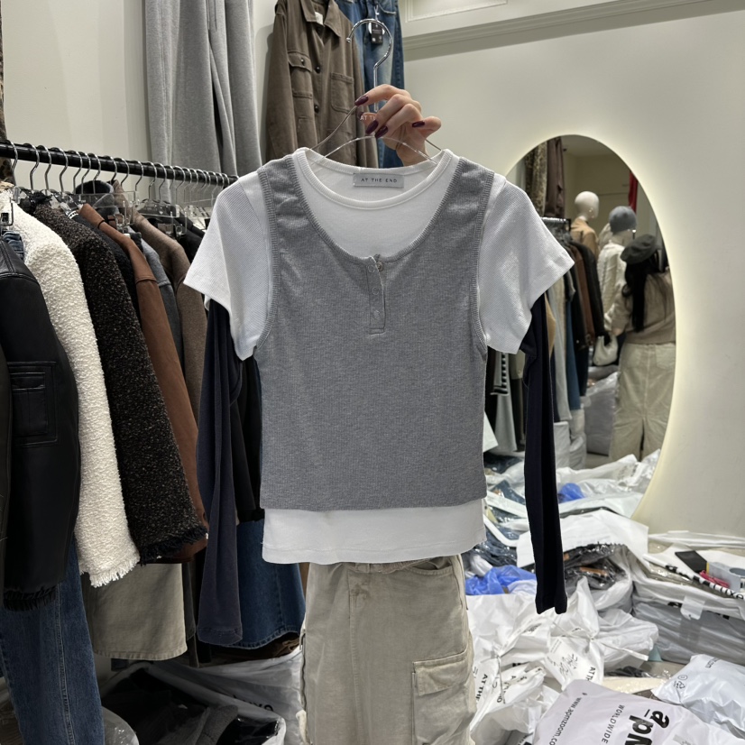 AT THE END東大門㊣直郵女士新品真品人氣25秋冬長袖T恤假兩件AT THE END長袖T恤圖色2