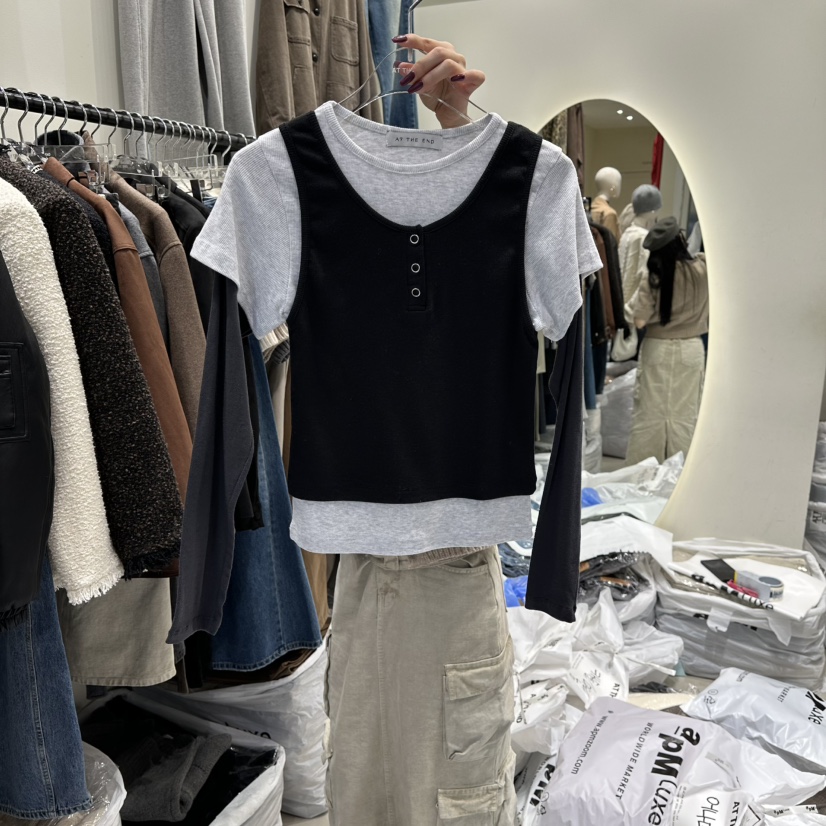 AT THE END東大門㊣直郵女士新品真品人氣25秋冬長袖T恤假兩件AT THE END長袖T恤圖色3