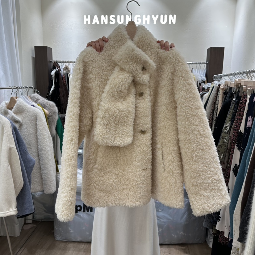 HANSUNGHYUN東大門㊣實拍女士新品休閑真品夾克羊毛圍巾含圍巾HANSUNGHYUN夾克圖色2