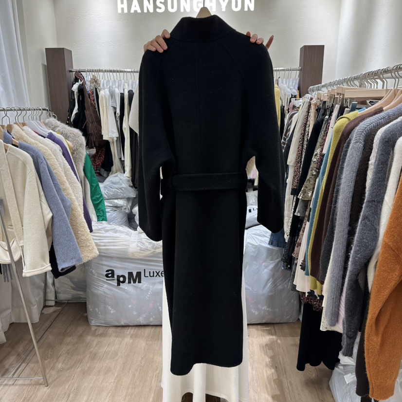 HANSUNGHYUN東大門㊣直郵女裝新款時尚中長款大衣含腰帶手工羊毛HANSUNGHYUN中長款大衣