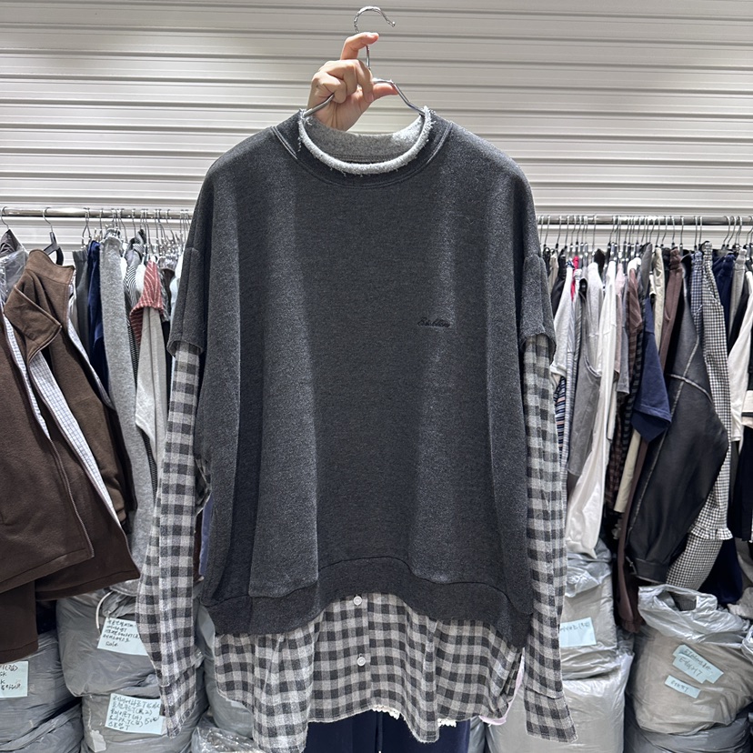 BRICKLANE東大門㊣實拍女裝新款職業25秋冬真品衛衣假兩件格子BRICKLANE衛衣圖色1