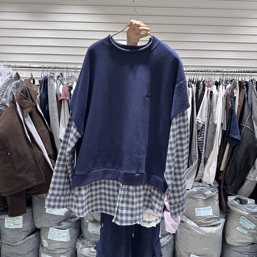 BRICKLANE東大門㊣實拍女裝新款職業25秋冬真品衛衣假兩件格子BRICKLANE衛衣圖色2