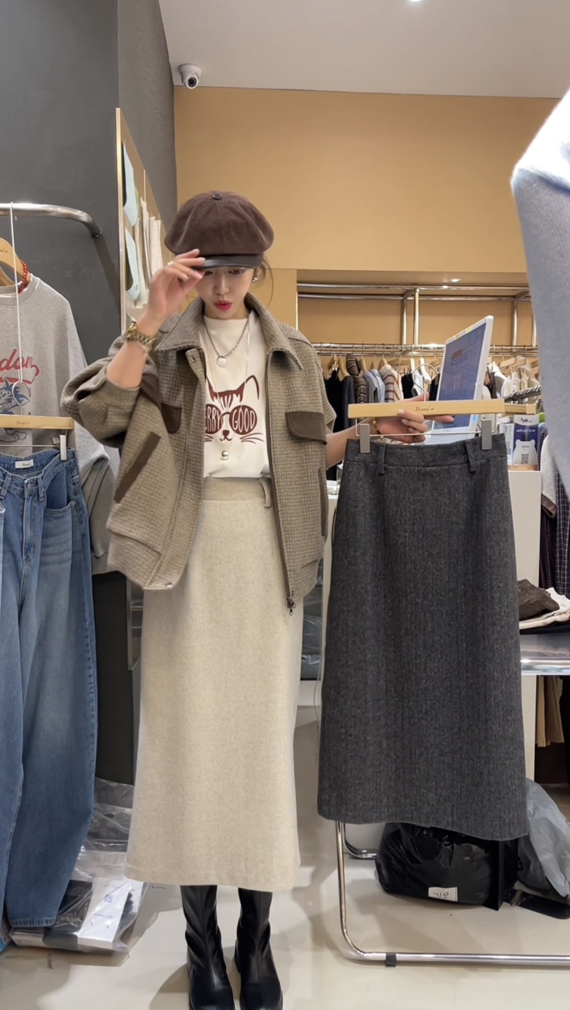 BOUND.A東大門㊣代購女士新款時尚熱賣休閑長裙羊毛人字紋BOUND.A長裙