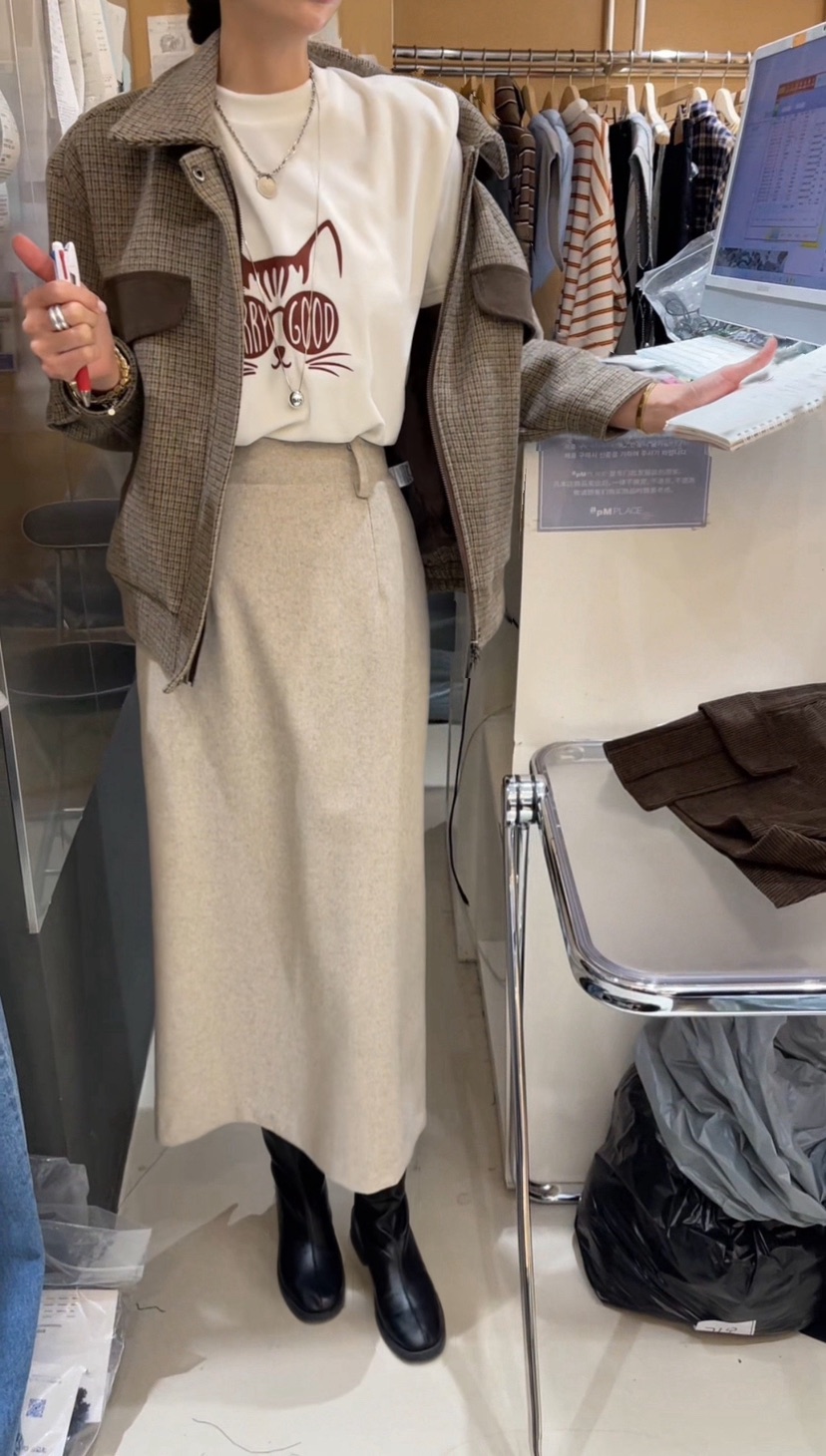 BOUND.A東大門㊣代購女士新款時尚熱賣休閑長裙羊毛人字紋BOUND.A長裙