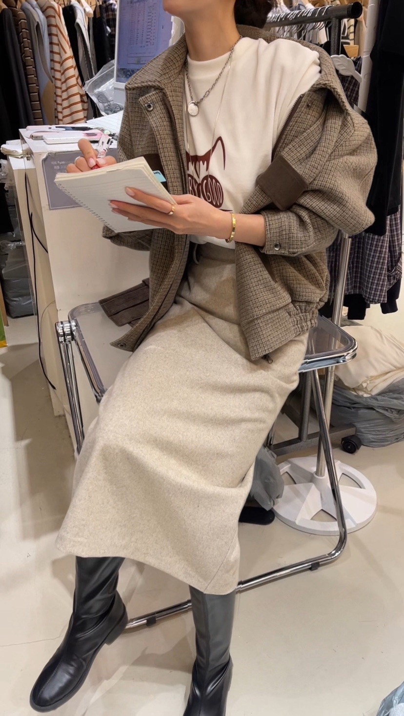 BOUND.A東大門㊣代購女士新款時尚熱賣休閑長裙羊毛人字紋BOUND.A長裙