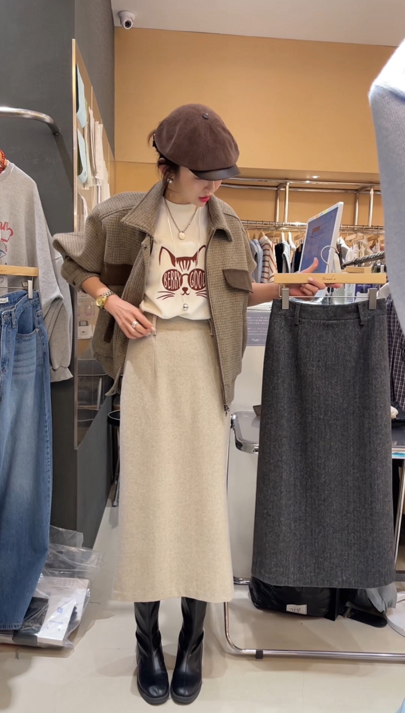 BOUND.A東大門㊣代購女士新款時尚熱賣休閑長裙羊毛人字紋BOUND.A長裙