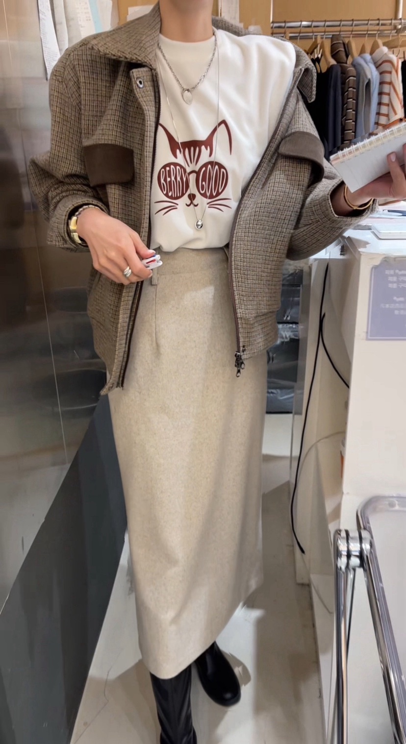 BOUND.A東大門㊣代購女士新款時尚熱賣休閑長裙羊毛人字紋BOUND.A長裙圖色2