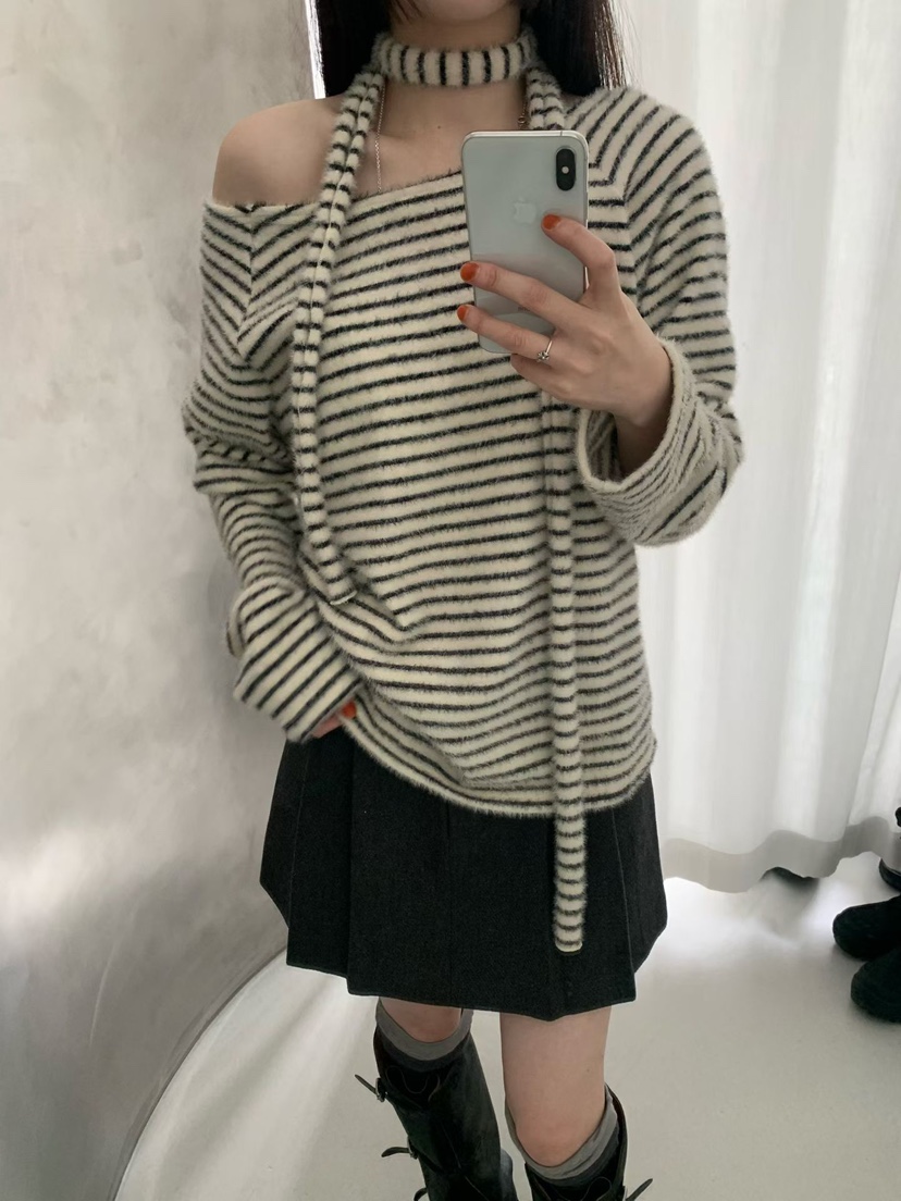 TAF韓國直郵㊣女裝新款真品推薦休閑時尚熱賣長袖T恤圍巾條紋TAF長袖T恤