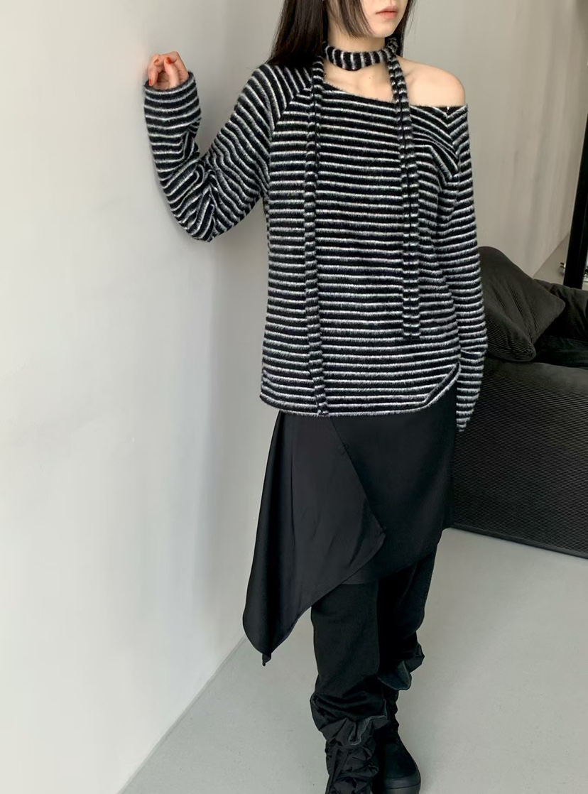 TAF韓國直郵㊣女裝新款真品推薦休閑時尚熱賣長袖T恤圍巾條紋TAF長袖T恤