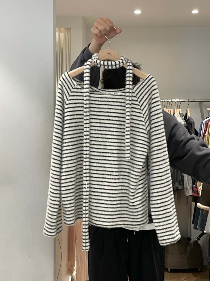 TAF韓國直郵㊣女裝新款真品推薦休閑時尚熱賣長袖T恤圍巾條紋TAF長袖T恤圖色1