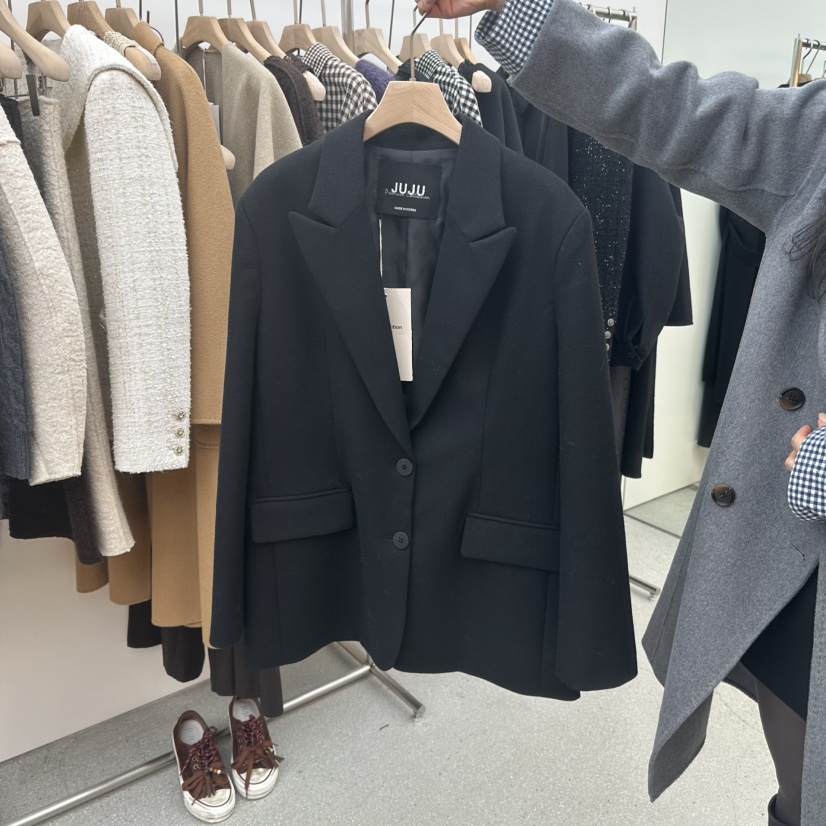 JUJU韓國代購㊣女裝新品時尚休閑25秋冬推薦熱賣真品短款大衣JUJU短款大衣圖色3黑色