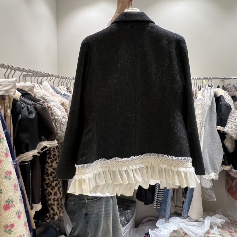 BY FLOW東大門㊣實拍女裝新品25秋冬人氣真品夾克人字紋蕾絲BY FLOW夾克