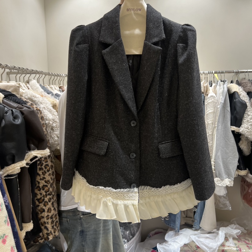 BY FLOW東大門㊣實拍女裝新品25秋冬人氣真品夾克人字紋蕾絲BY FLOW夾克圖色1