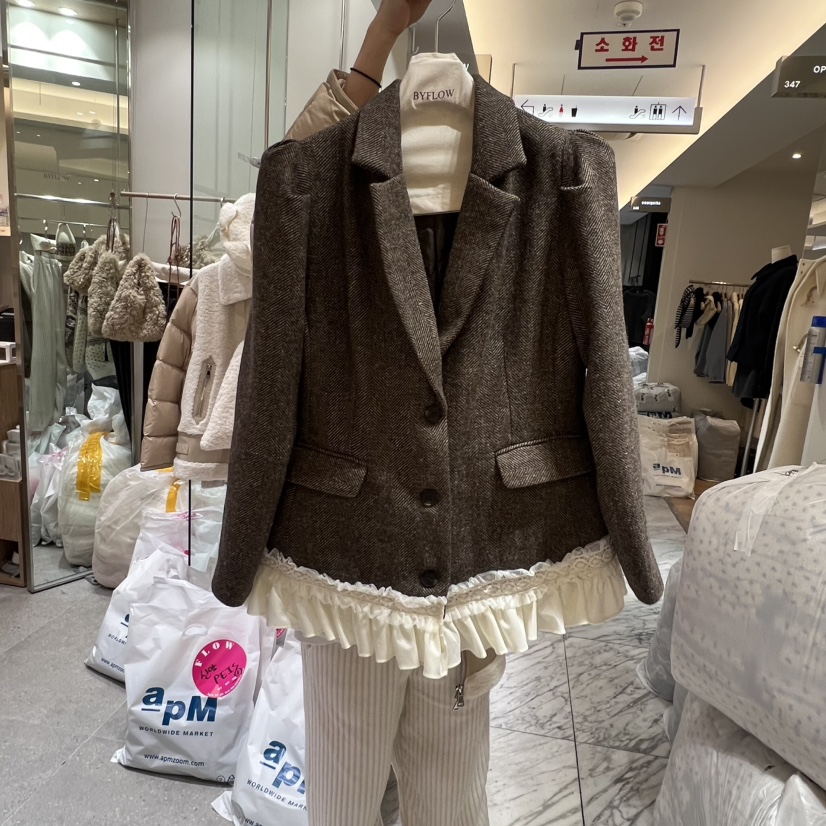 BY FLOW東大門㊣實拍女裝新品25秋冬人氣真品夾克人字紋蕾絲BY FLOW夾克圖色2