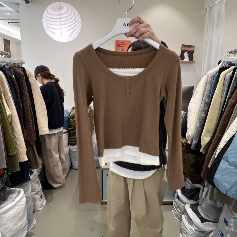 ARE東大門㊣代購女裝新品人氣推薦休閑時尚真品長袖T恤紐扣ARE YOU/ARE長袖T恤圖色1