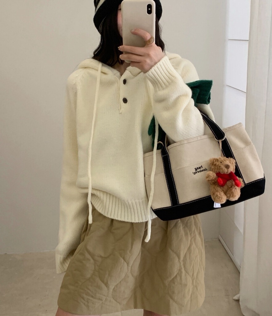 OLA韓國直郵㊣女裝新品熱賣休閑25秋冬職業針織衫連帽衫紐扣mellor/OLA針織衫