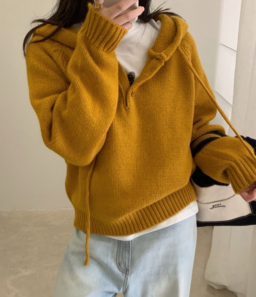 OLA韓國直郵㊣女裝新品熱賣休閑25秋冬職業針織衫連帽衫紐扣mellor/OLA針織衫