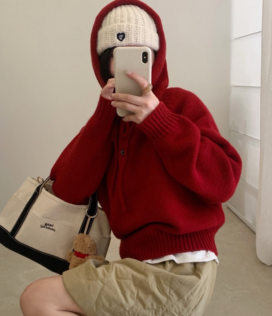 OLA韓國直郵㊣女裝新品熱賣休閑25秋冬職業針織衫連帽衫紐扣mellor/OLA針織衫