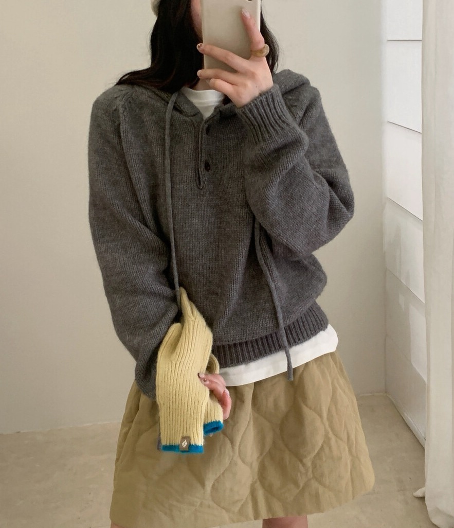 OLA韓國直郵㊣女裝新品熱賣休閑25秋冬職業針織衫連帽衫紐扣mellor/OLA針織衫