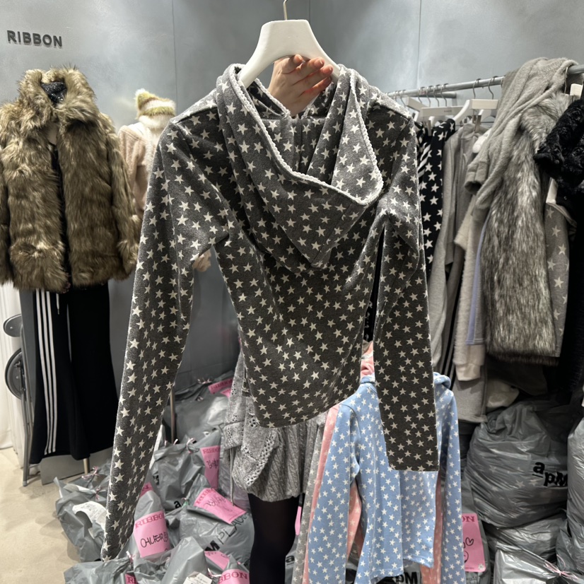 RIBBON東大門㊣實拍女士新款職業熱賣時尚人氣25秋冬長袖T恤兜帽RIBBON長袖T恤