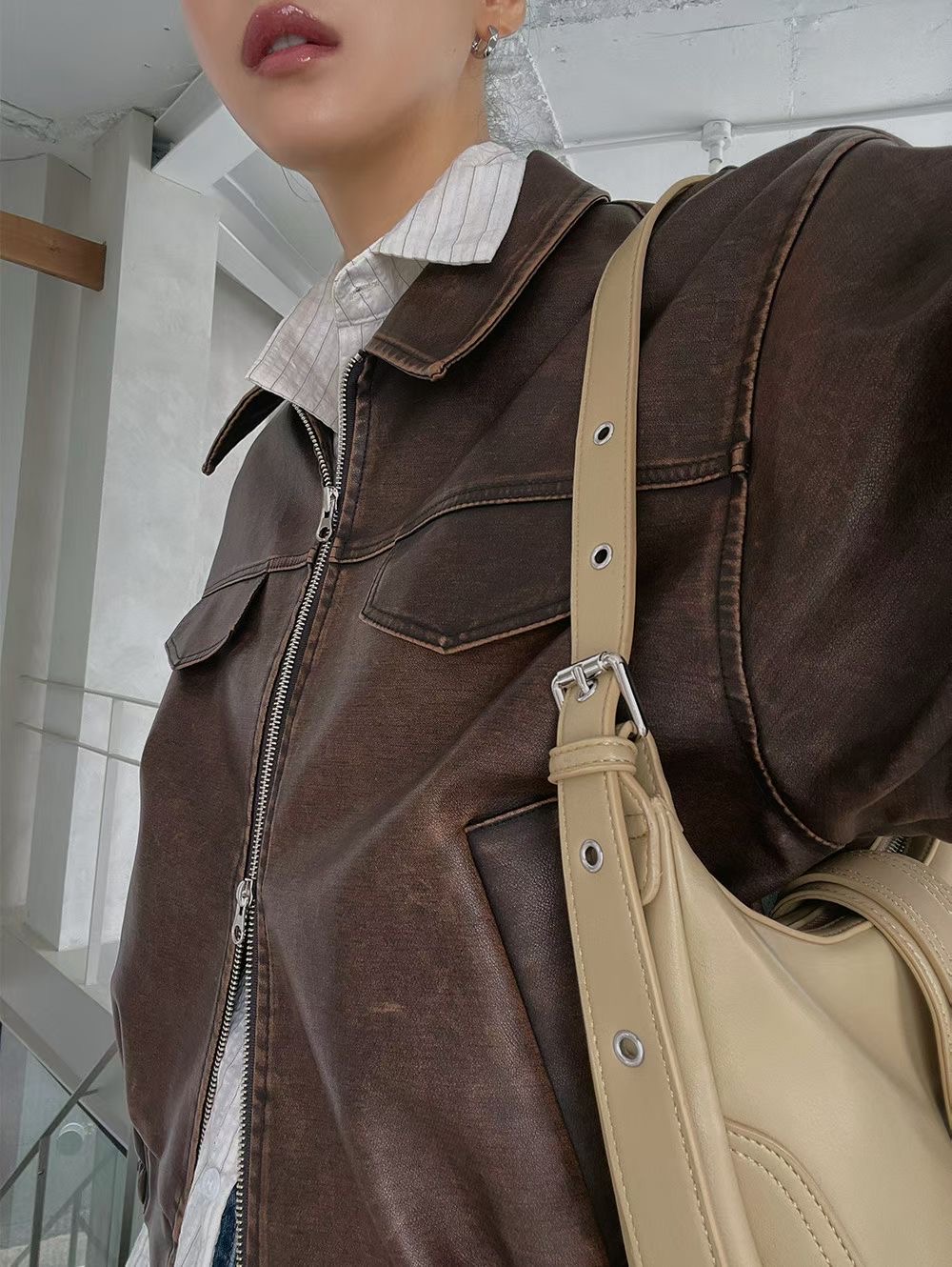 FAVOR韓國直郵㊣女士新品熱賣時尚人氣休閑25秋冬夾克水洗皮革ARRICCHISI夾克