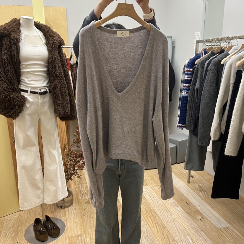 THEPLAN東大門㊣實拍女士新品熱賣25秋冬休閑推薦長袖T恤V領絨THE PLAN長袖T恤圖色1