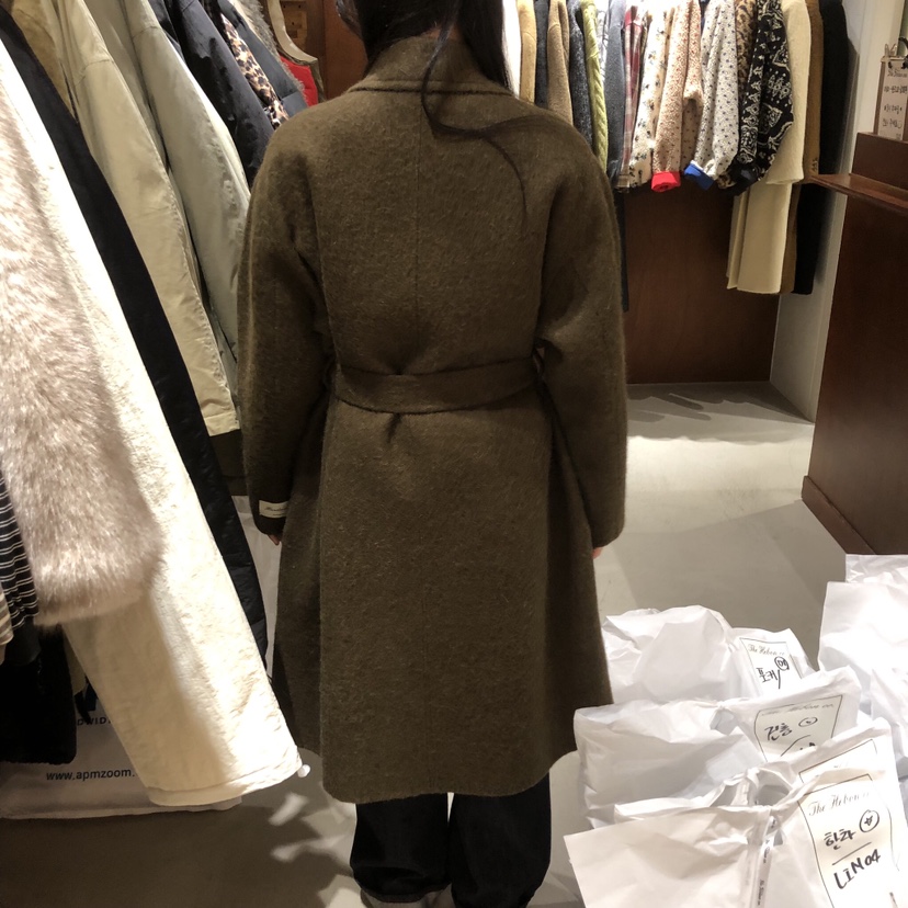 HEBON韓國代購㊣女士新款休閑人氣推薦中長款大衣含腰帶手工HEBON中長款大衣