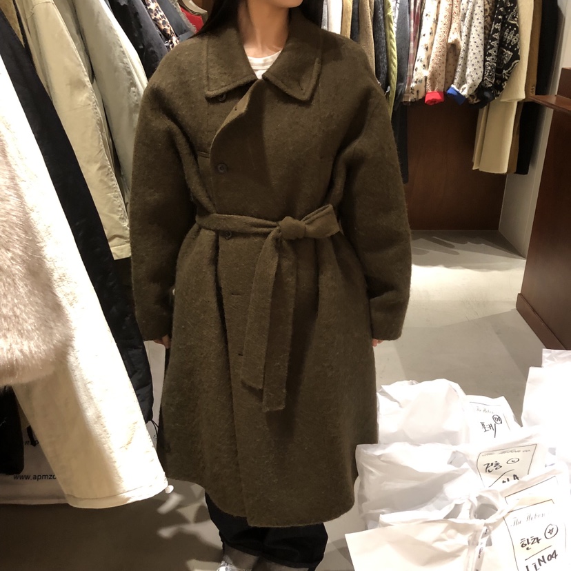 HEBON韓國代購㊣女士新款休閑人氣推薦中長款大衣含腰帶手工HEBON中長款大衣圖色1