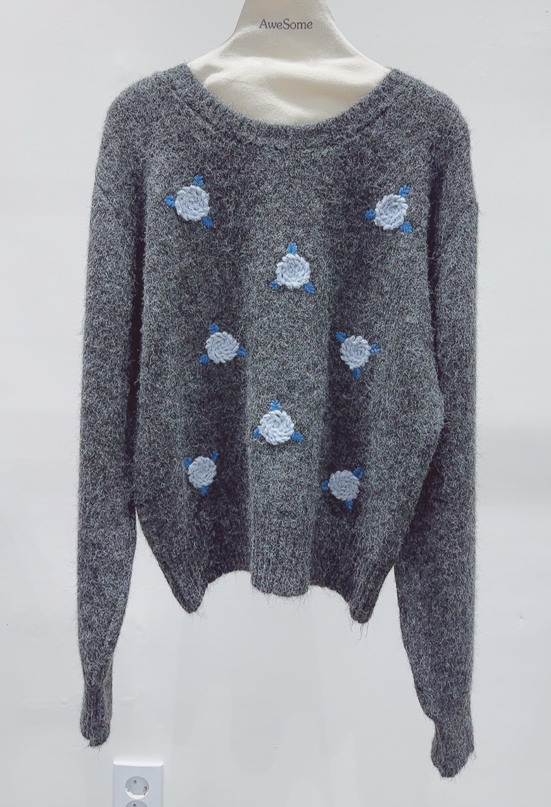 AWESOME-P韓國代購㊣女士新款休閑人氣時尚熱賣針織衫花朵AWESOME-P針織衫圖色1