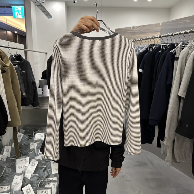 PAVEL韓國代購㊣女士新品25秋冬熱賣推薦人氣長袖T恤條紋紐扣PAVEL長袖T恤