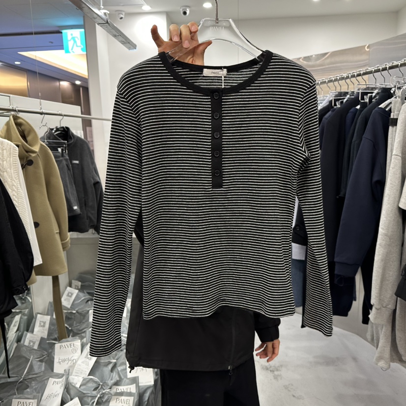 PAVEL韓國代購㊣女士新品25秋冬熱賣推薦人氣長袖T恤條紋紐扣PAVEL長袖T恤圖色3