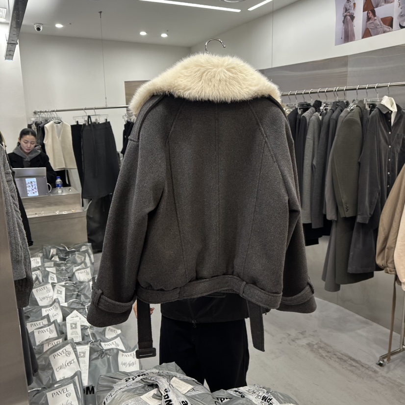 PAVEL韓國直郵㊣女裝新款職業人氣25秋冬夾克含腰帶毛皮雙層PAVEL夾克