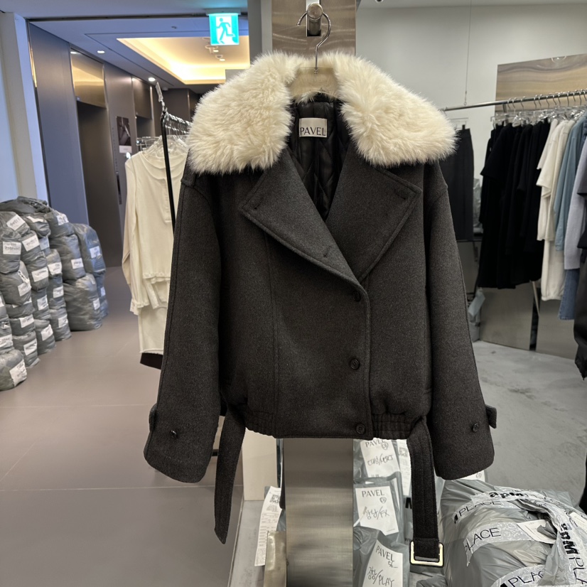 PAVEL韓國直郵㊣女裝新款職業人氣25秋冬夾克含腰帶毛皮雙層PAVEL夾克圖色1