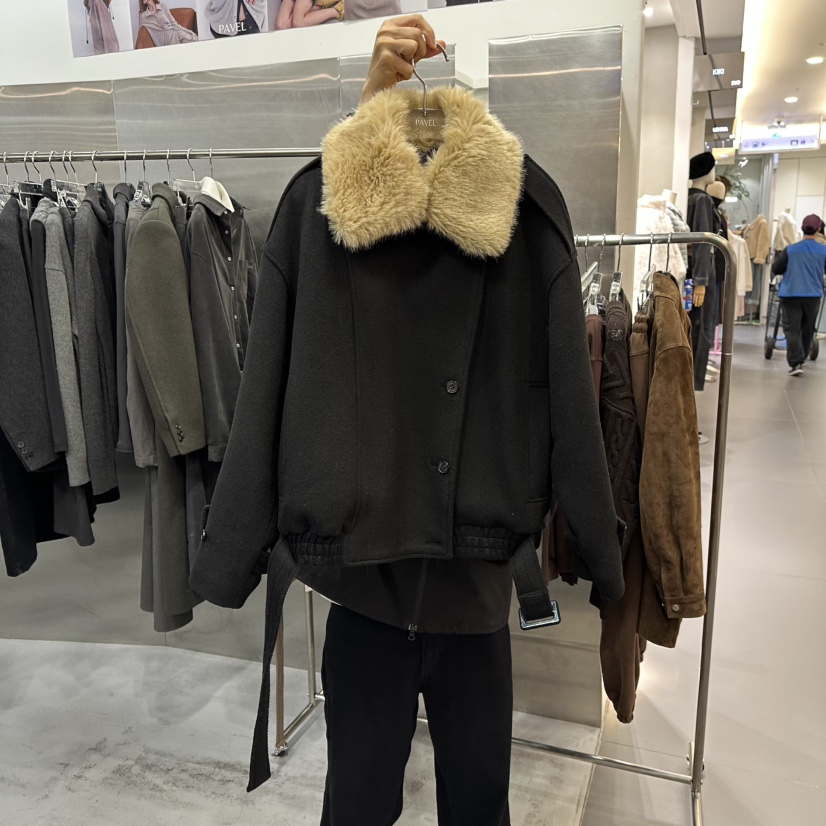 PAVEL韓國直郵㊣女裝新款職業人氣25秋冬夾克含腰帶毛皮雙層PAVEL夾克圖色2