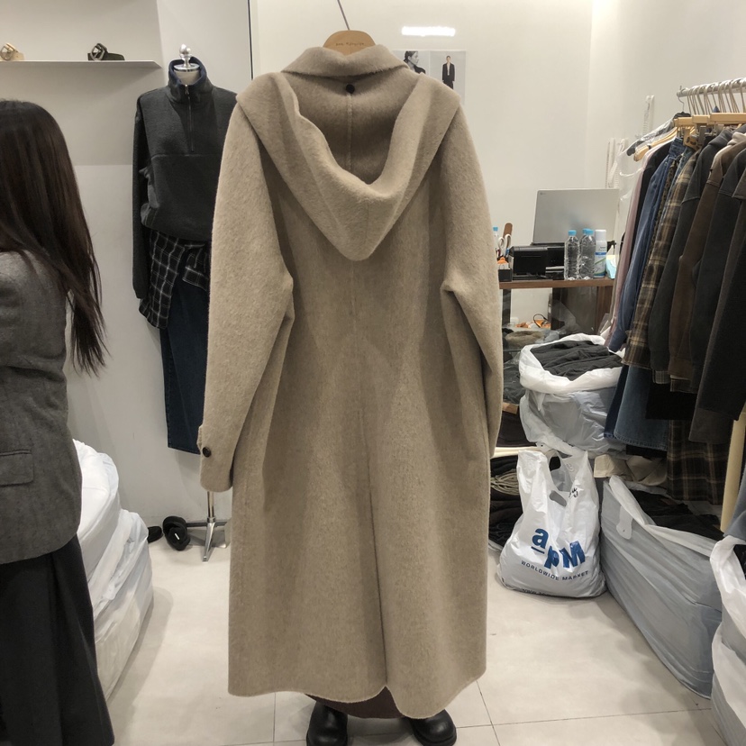 ANN MARGRET韓國直郵㊣女士新品休閑中長款大衣羊駝毛含帽子斗篷連帽GRETA.Y中長款大衣