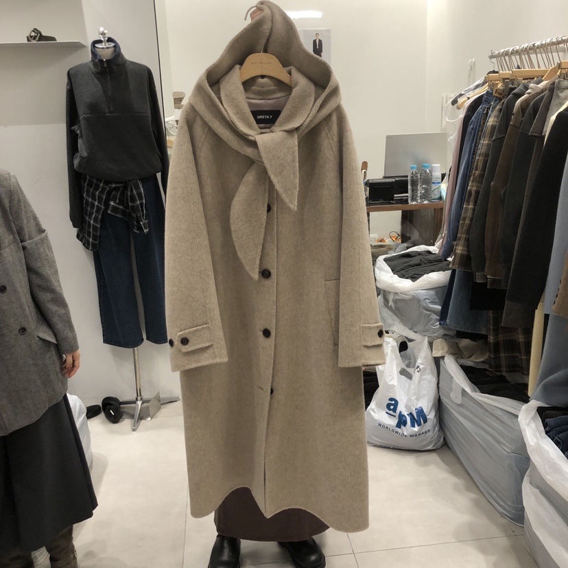 ANN MARGRET韓國直郵㊣女士新品休閑中長款大衣羊駝毛含帽子斗篷連帽GRETA.Y中長款大衣圖色2