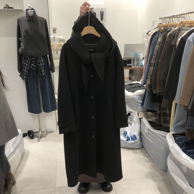 ANN MARGRET韓國直郵㊣女士新品休閑中長款大衣羊駝毛含帽子斗篷連帽GRETA.Y中長款大衣圖色3