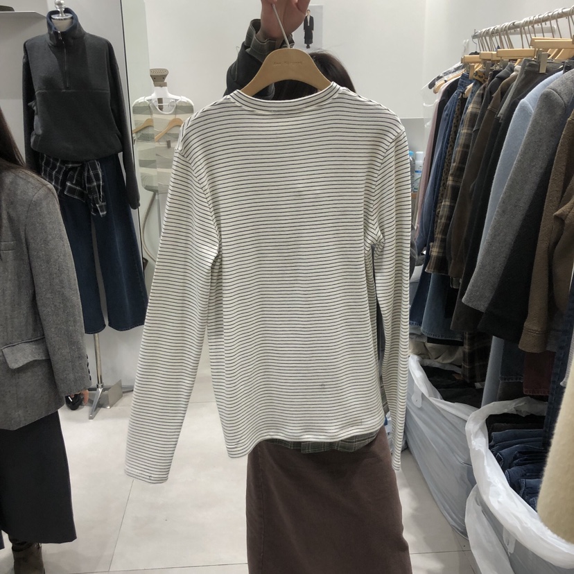 ANN MARGRET韓國直郵㊣女裝新款職業長袖T恤拉鏈條紋GRETA.Y長袖T恤