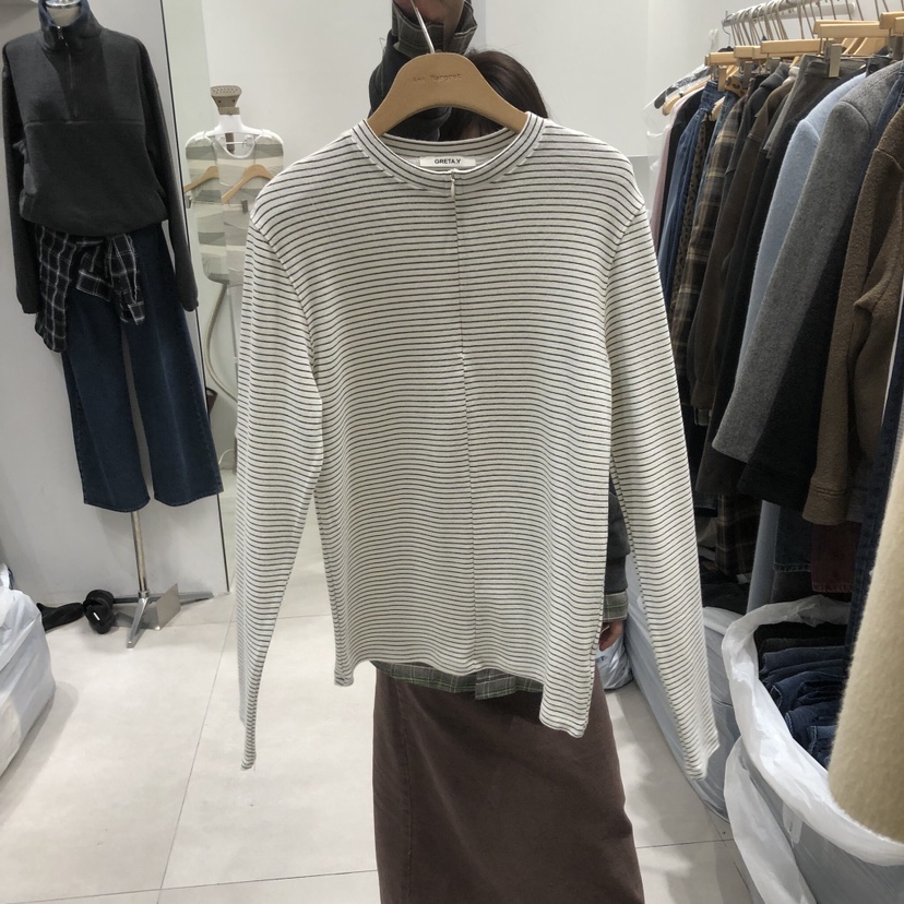 ANN MARGRET韓國直郵㊣女裝新款職業長袖T恤拉鏈條紋GRETA.Y長袖T恤圖色1