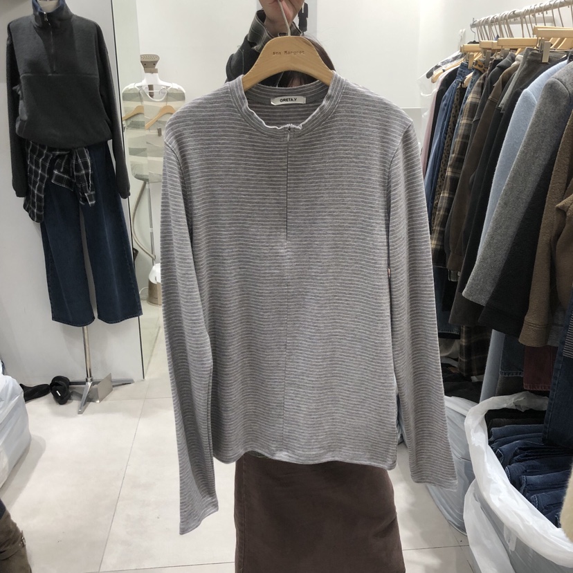 ANN MARGRET韓國直郵㊣女裝新款職業長袖T恤拉鏈條紋GRETA.Y長袖T恤圖色2