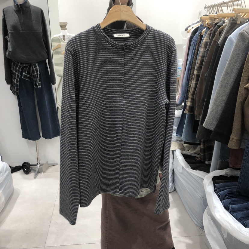 ANN MARGRET韓國直郵㊣女裝新款職業長袖T恤拉鏈條紋GRETA.Y長袖T恤圖色3