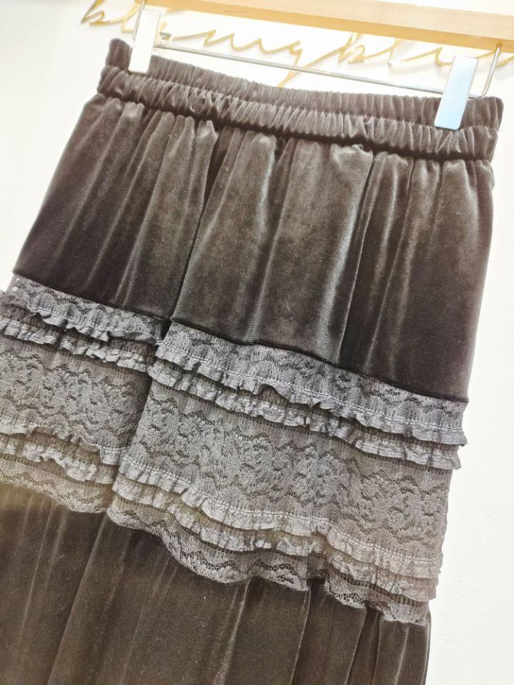 BLING BLING-S韓國代購㊣女裝新款25秋冬休閑長裙天鵝絨蕾絲BLING BLING-S長裙