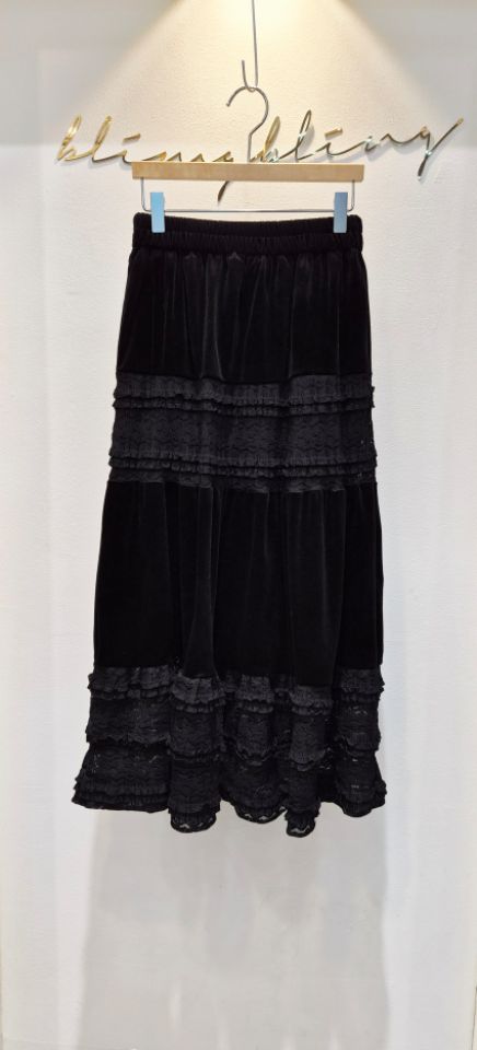 BLING BLING-S韓國代購㊣女裝新款25秋冬休閑長裙天鵝絨蕾絲BLING BLING-S長裙